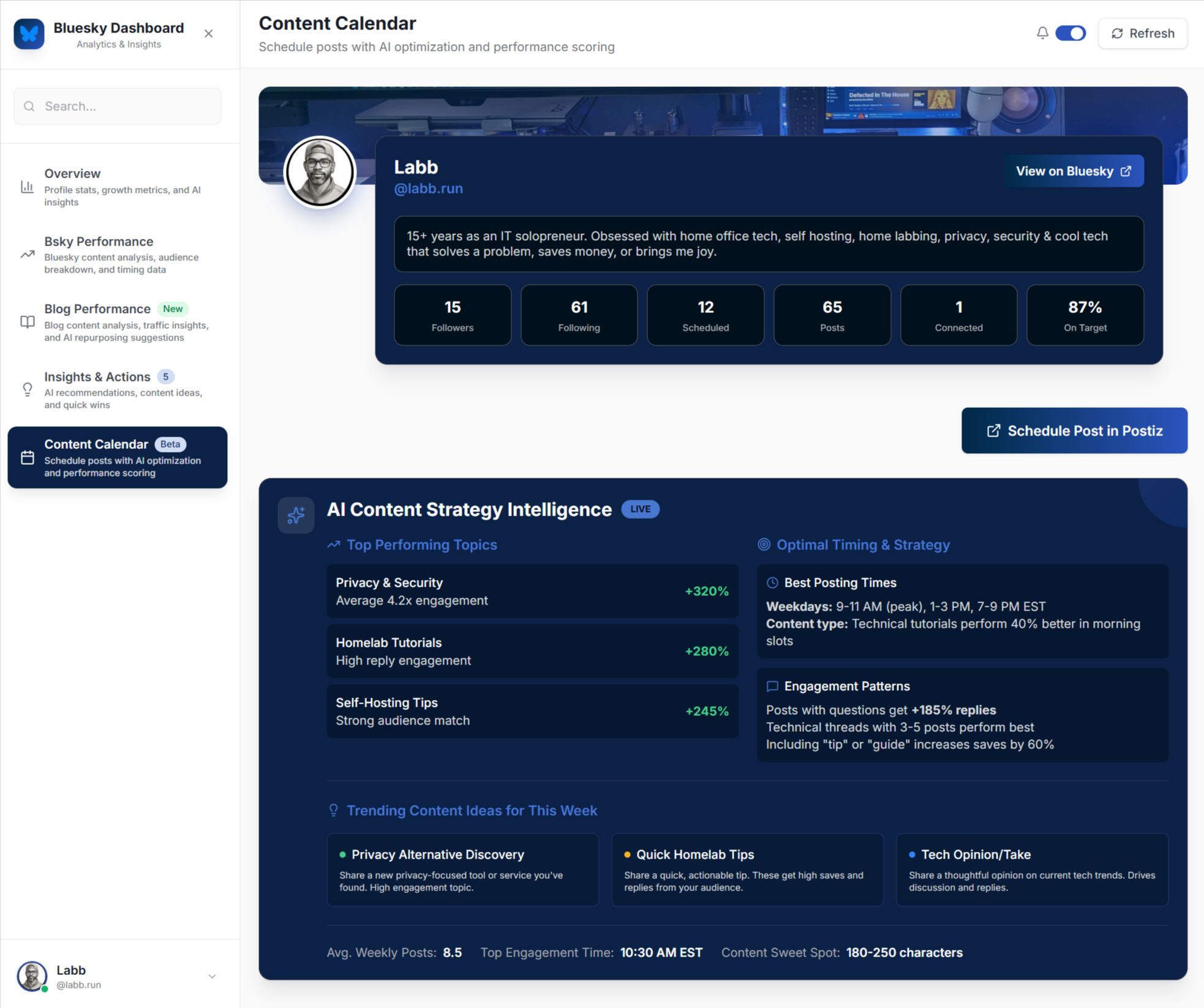 Bluesky Analytics Dashboard - Content Calendar